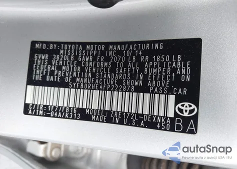 2015 Toyota Corolla Le/Le Plus/Le Premium из США, поврежденный, VIN 5YFBURHE4FP222878